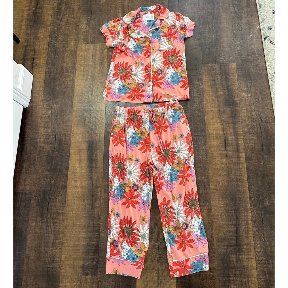 The Cat’s Pajamas Floral Pajama Set Pink Button Up Top Pants Women’s S